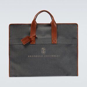 NEW $1350 Brunello Cucinelli Leather-Trimmed Logo-Print Canvas Garment Bag